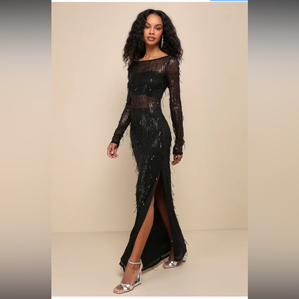Lulu's Black Beaded Long-Sleeve Maxi Dress